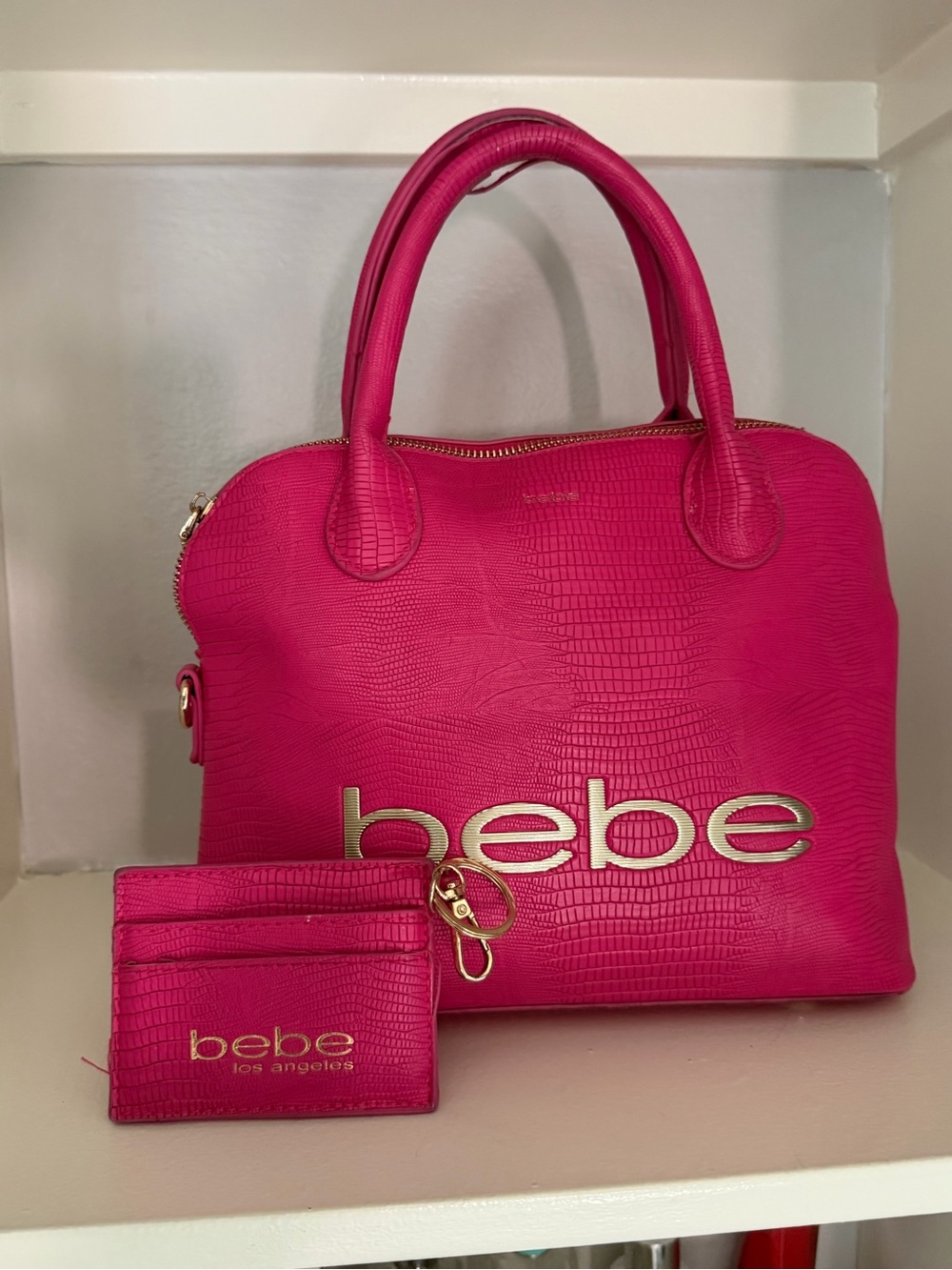 bebe Hot Pink Croc-Embossed Satchel with Matching Card Holder
